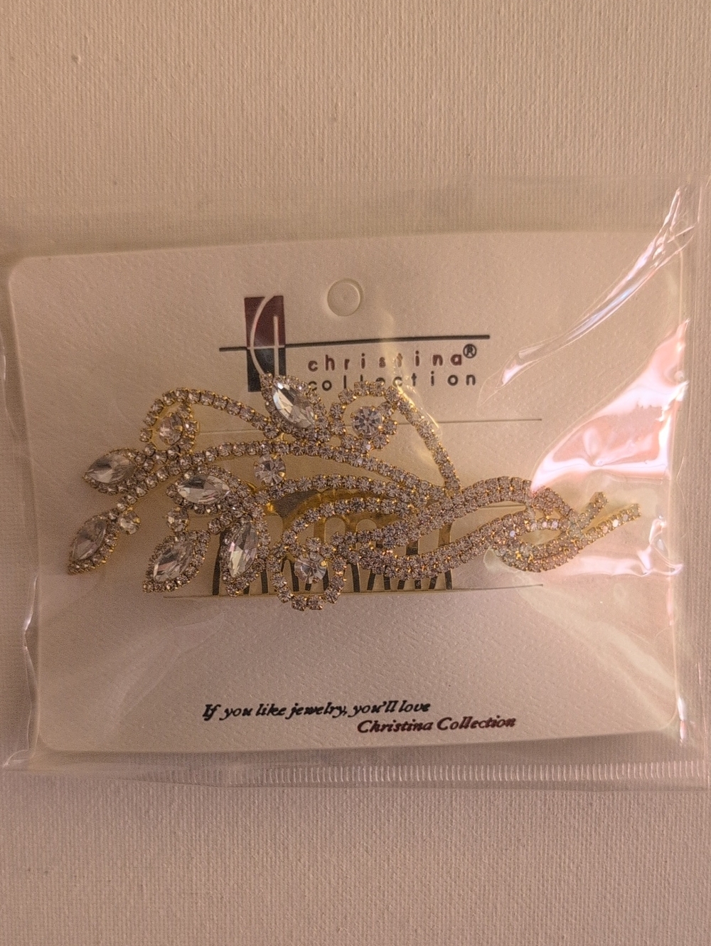 Gold Crystal Leaf Bridal Hair Comb - Rhinestone Accent